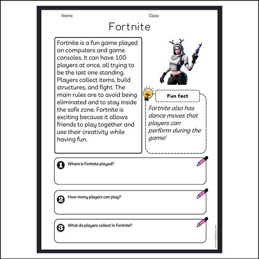 Fortnite | Reading Passage Comprehension Questions Writing Facts Worksheet