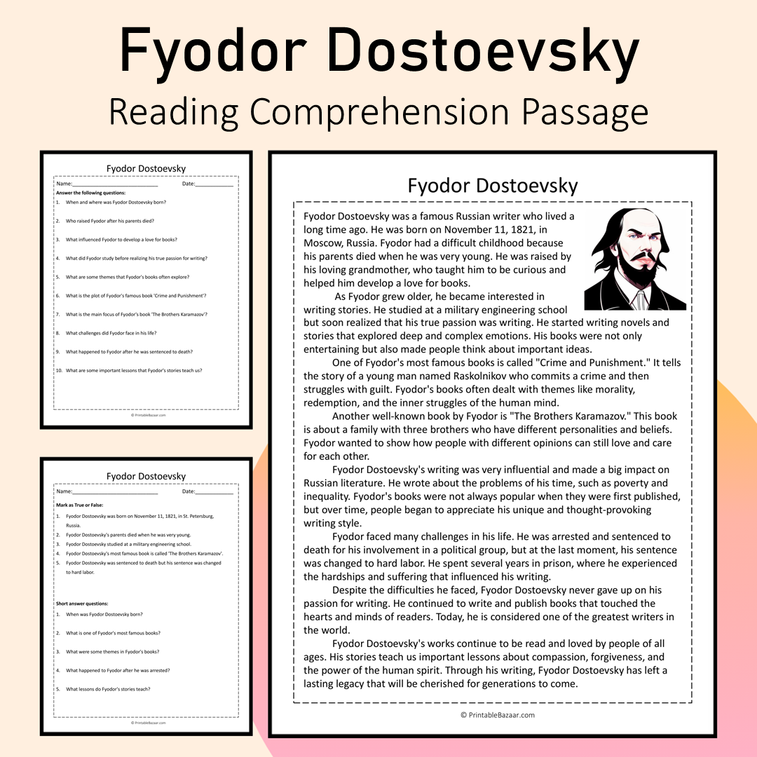 Fyodor Dostoevsky | Reading Comprehension Passage Printable Activity
