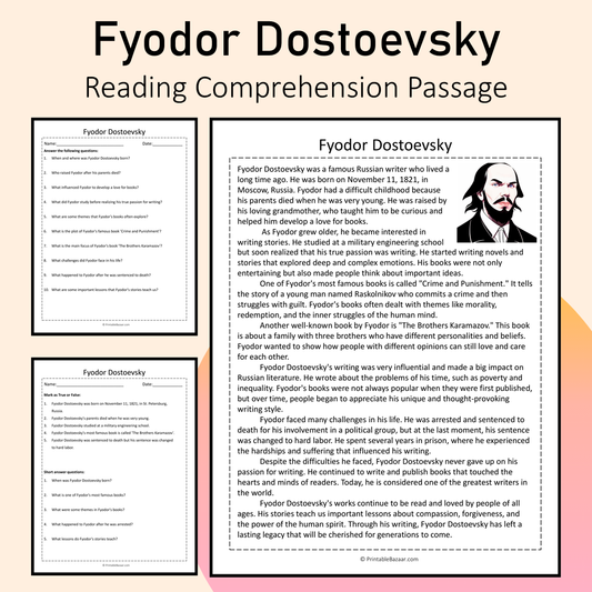 Fyodor Dostoevsky | Reading Comprehension Passage Printable Activity