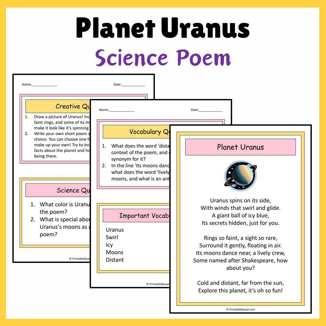 Planet Uranus | Science Poem Reading Comprehension Activity