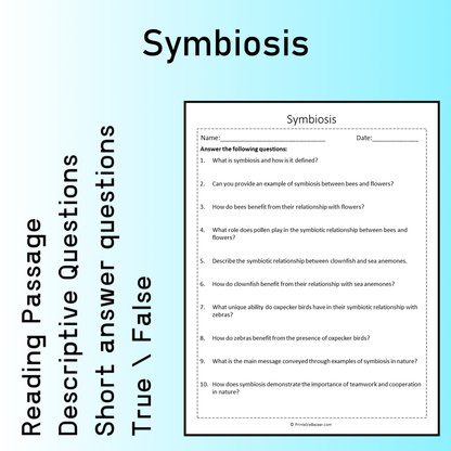 Symbiosis | Reading Comprehension Passage Printable Worksheet
