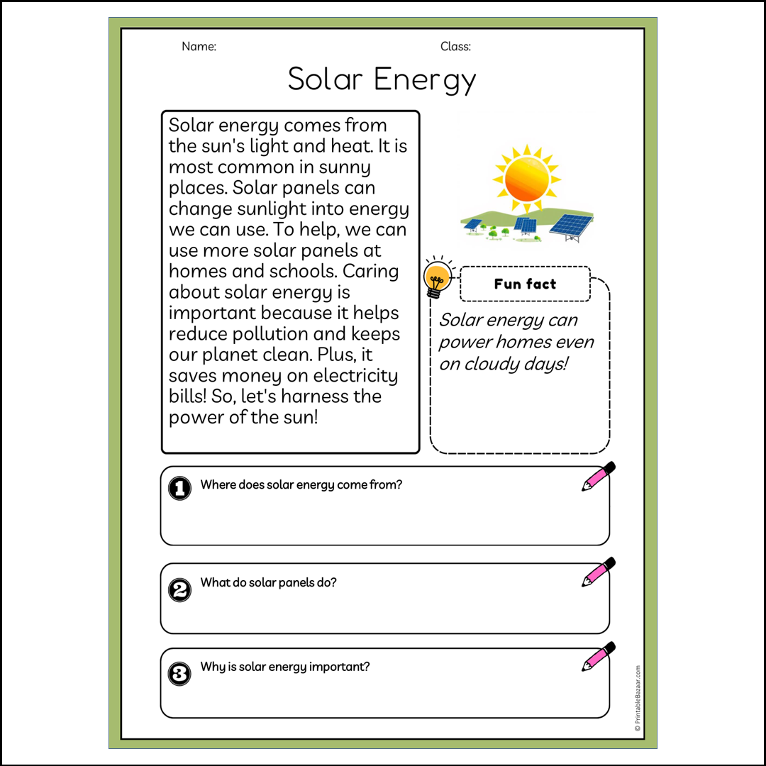 Solar Energy | Reading Passage Comprehension Questions Writing Facts Worksheet