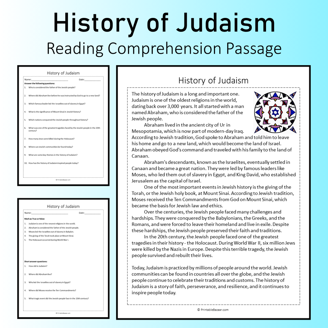 History of Judaism | Reading Comprehension Passage Printable Worksheet