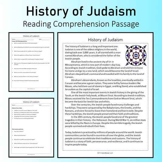 History of Judaism | Reading Comprehension Passage Printable Worksheet
