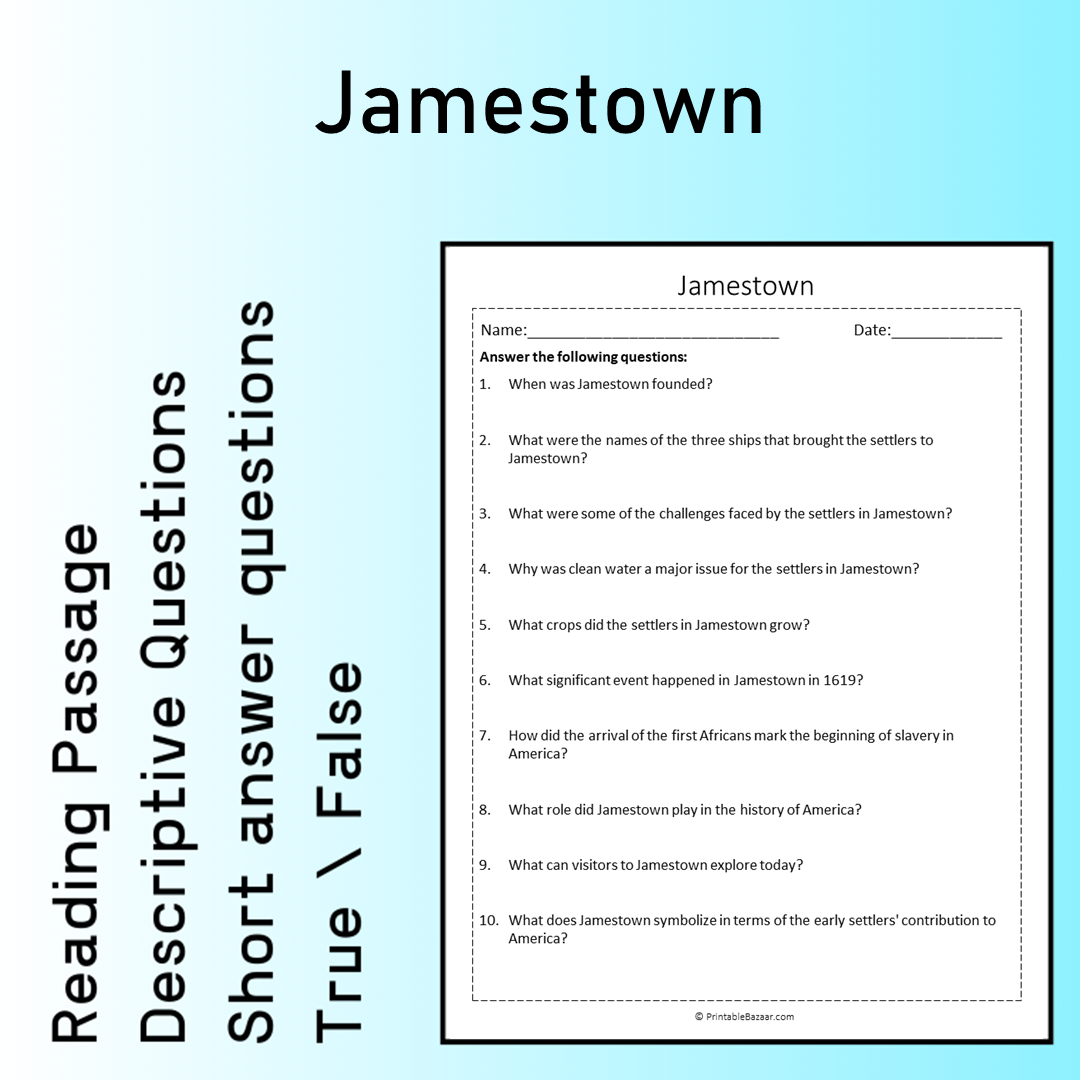 Jamestown | Reading Comprehension Passage Printable Worksheet