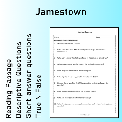 Jamestown | Reading Comprehension Passage Printable Worksheet
