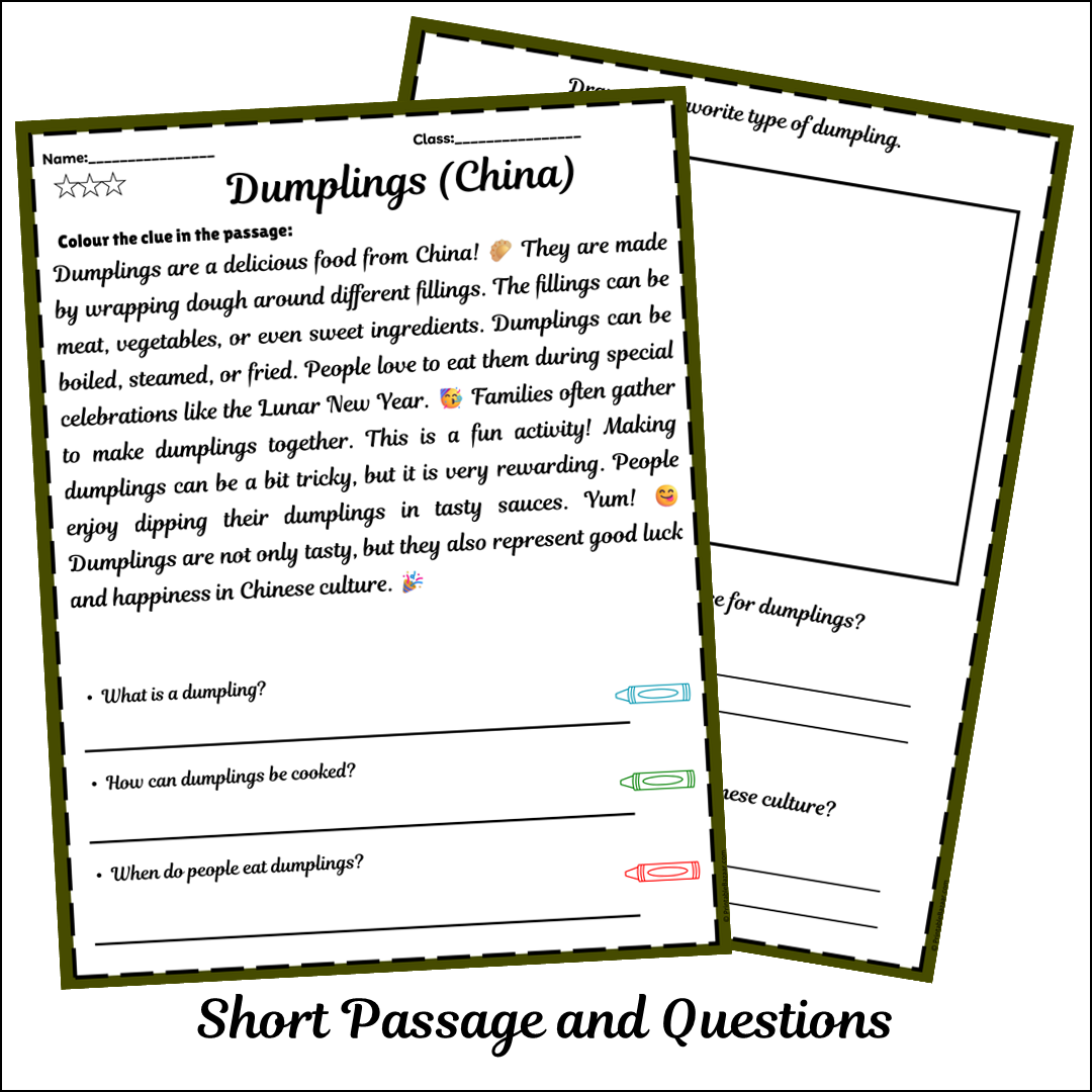 Dumplings (China) | Short Reading Comprehension Creative Worksheet