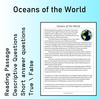 Oceans of the World | Reading Comprehension Passage Printable Worksheet