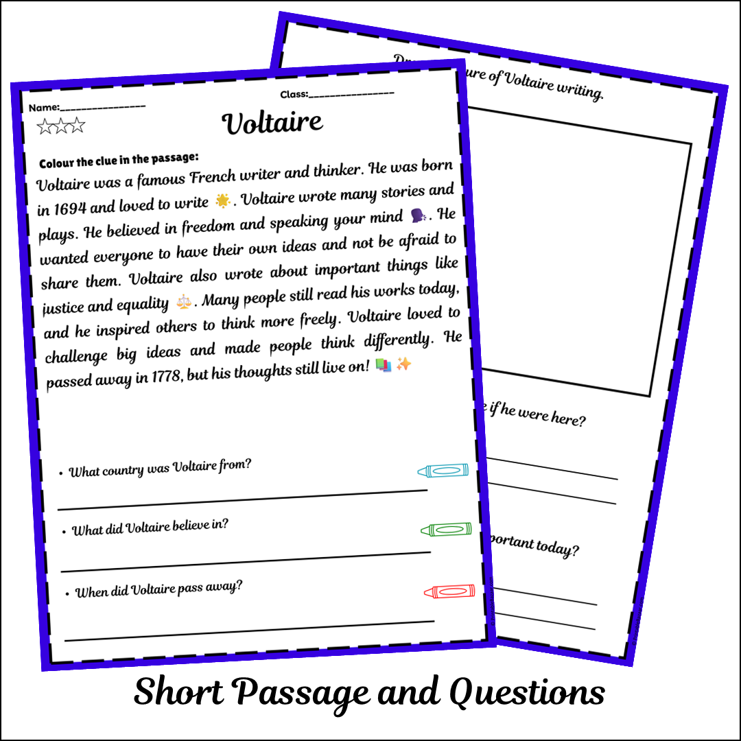 Voltaire | Short Reading Comprehension Creative Worksheet