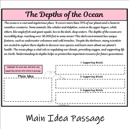 The Depths of the Ocean | Main Idea and Supporting Details Reading Passage and Questions