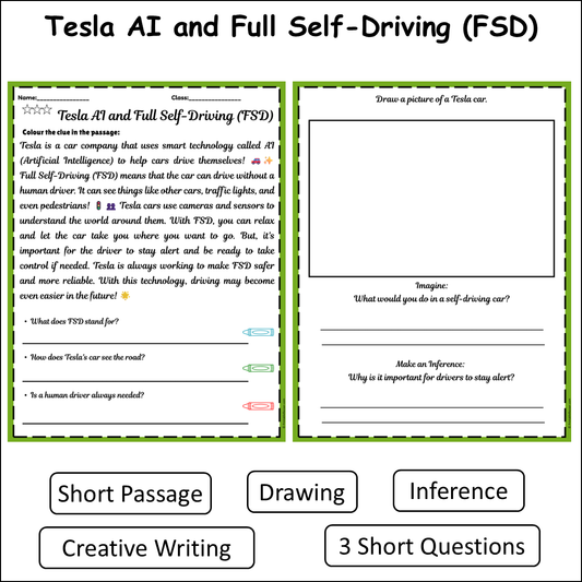 Tesla AI and Full Self-Driving (FSD) | Short Reading Comprehension Creative Worksheet