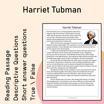 Harriet Tubman | Reading Comprehension Passage Printable Activity