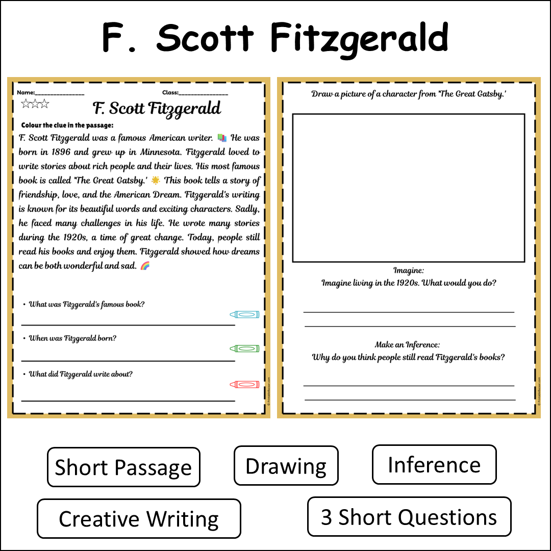 F. Scott Fitzgerald | Short Reading Comprehension Creative Worksheet
