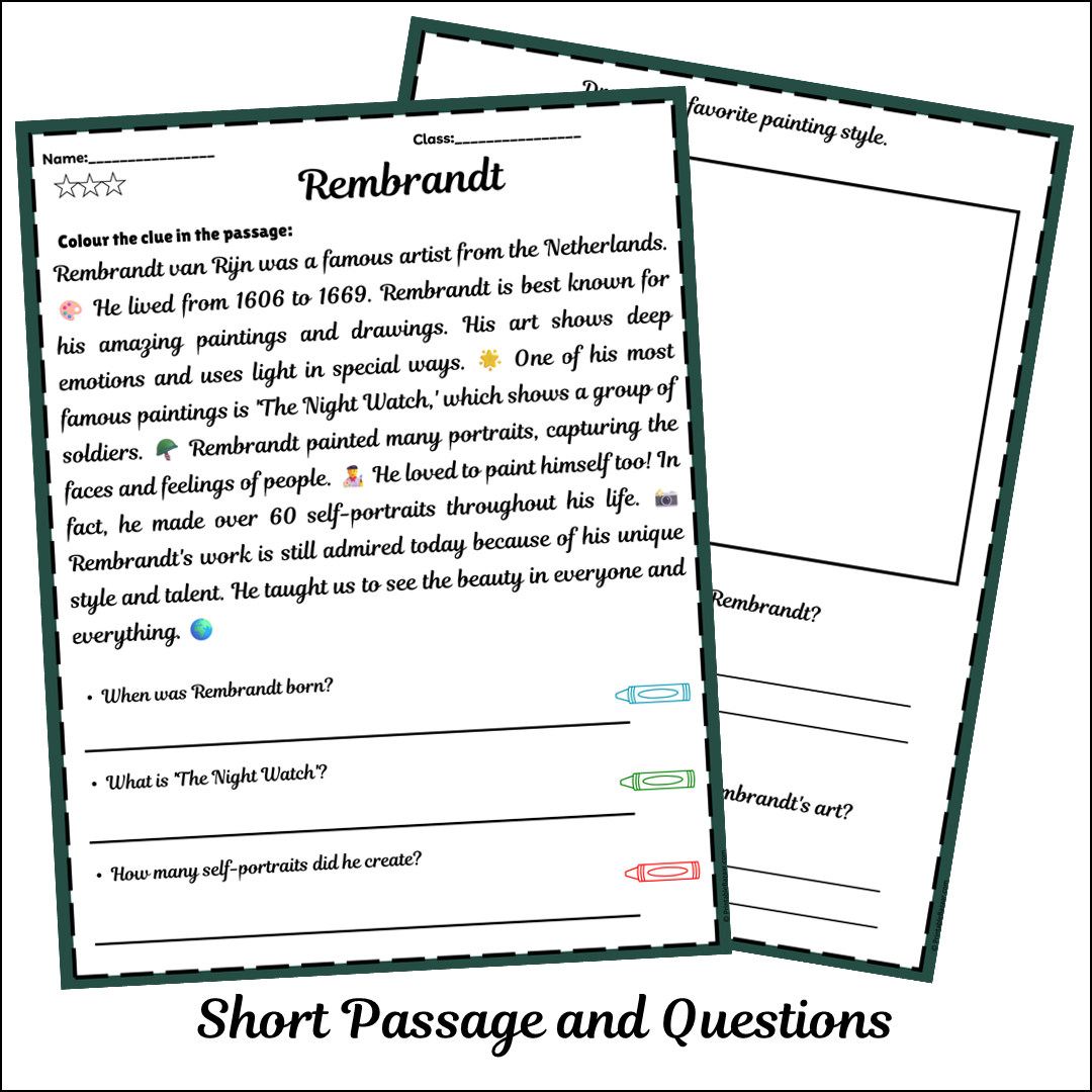 Rembrandt | Short Reading Comprehension Creative Worksheet