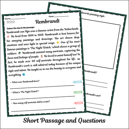 Rembrandt | Short Reading Comprehension Creative Worksheet