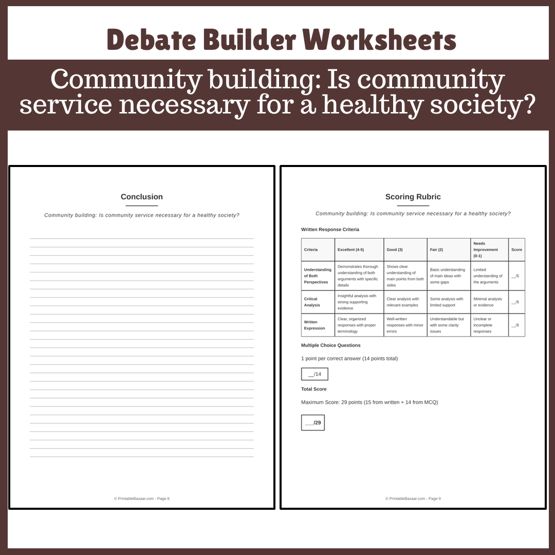 Community building: Is community service necessary for a healthy society? | Favour and Against Worksheet Printable Activity