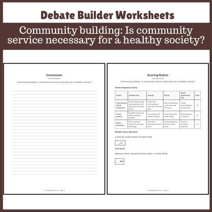Community building: Is community service necessary for a healthy society? | Favour and Against Worksheet Printable Activity
