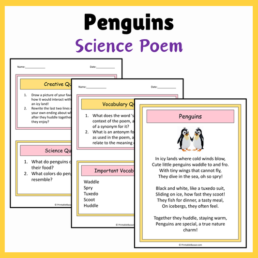 Penguins | Science Poem Reading Comprehension Activity