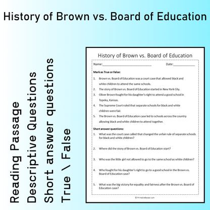 History of Brown vs. Board of Education | Reading Comprehension Passage Printable Worksheet