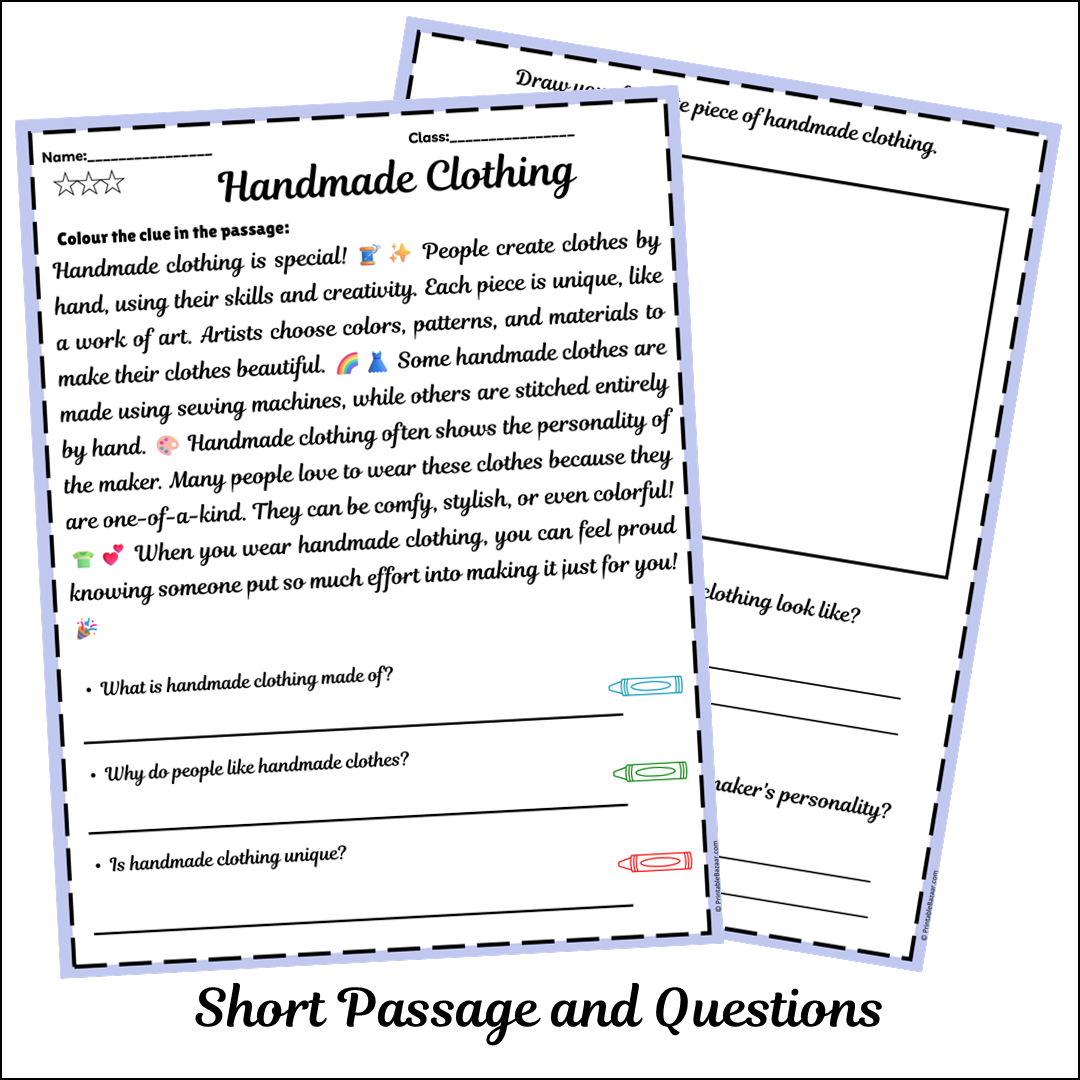 Handmade Clothing | Short Reading Comprehension Creative Worksheet
