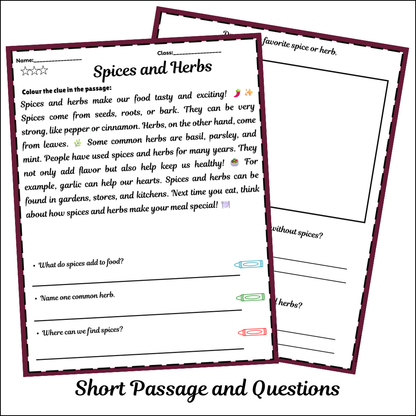 Spices and Herbs | Short Reading Comprehension Creative Worksheet