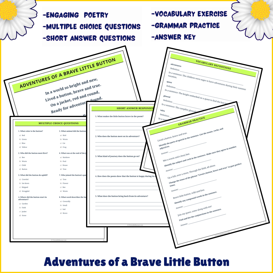 Adventures of a Brave Little Button | Poem Grammar Worksheet Printable Activity