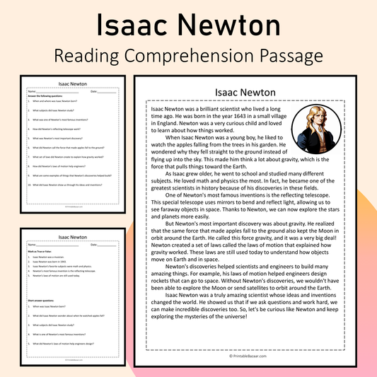 Isaac Newton | Reading Comprehension Passage Printable Activity