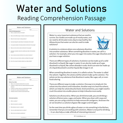 Water and Solutions | Reading Comprehension Passage Printable Worksheet