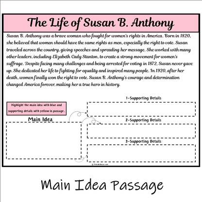 The Life of Susan B. Anthony | Main Idea and Supporting Details Reading Passage and Questions