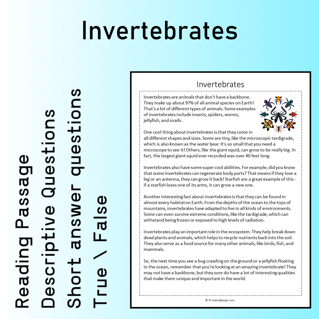 Invertebrates | Reading Comprehension Passage Printable Worksheet