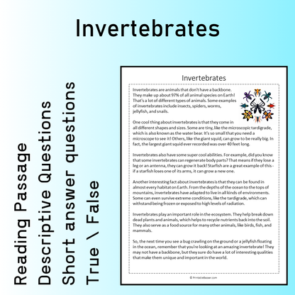 Invertebrates | Reading Comprehension Passage Printable Worksheet