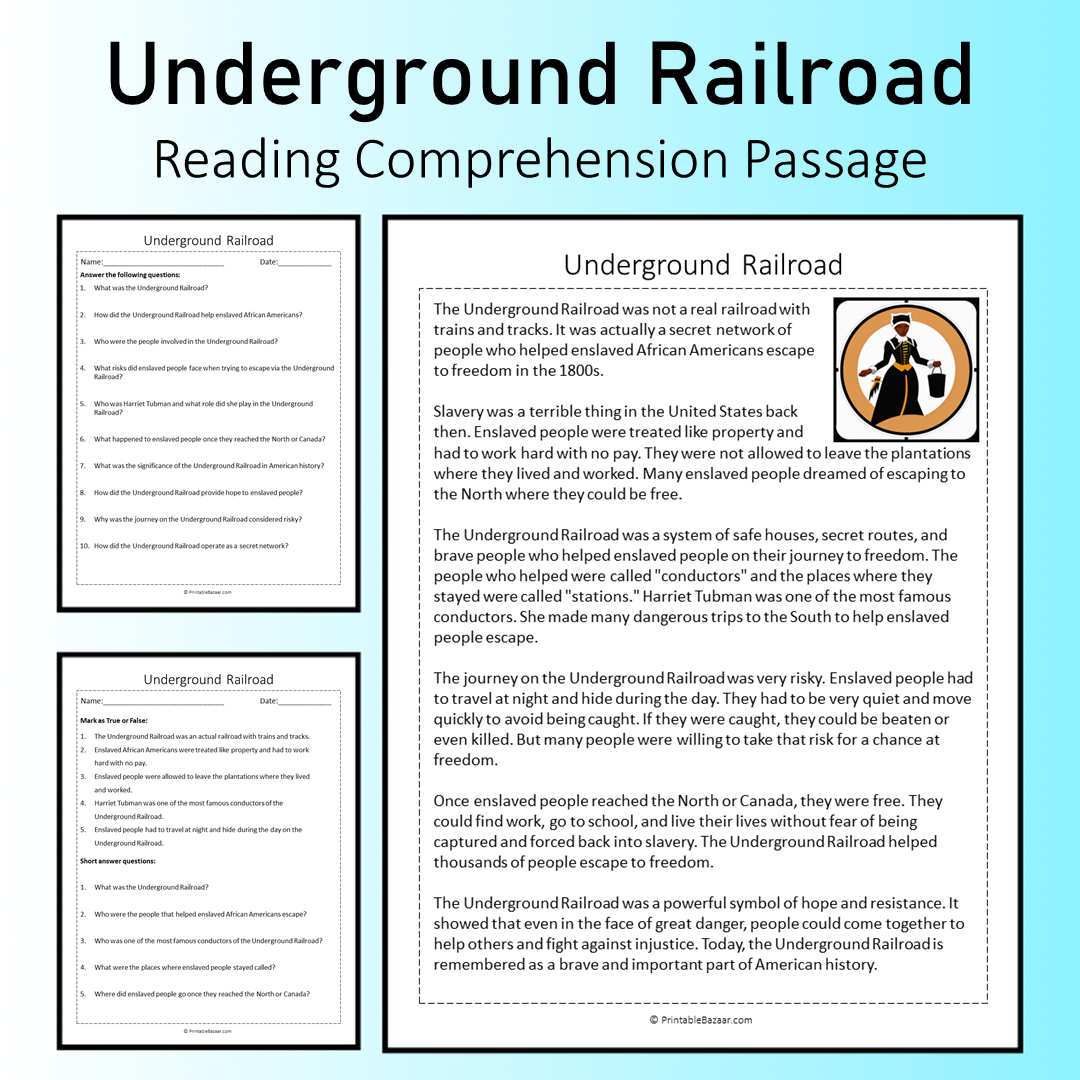 Underground Railroad | Reading Comprehension Passage Printable Worksheet