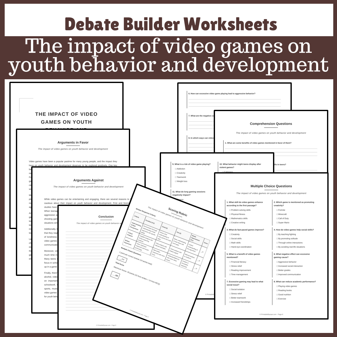 The impact of video games on youth behavior and development | Favour and Against Worksheet Printable Activity