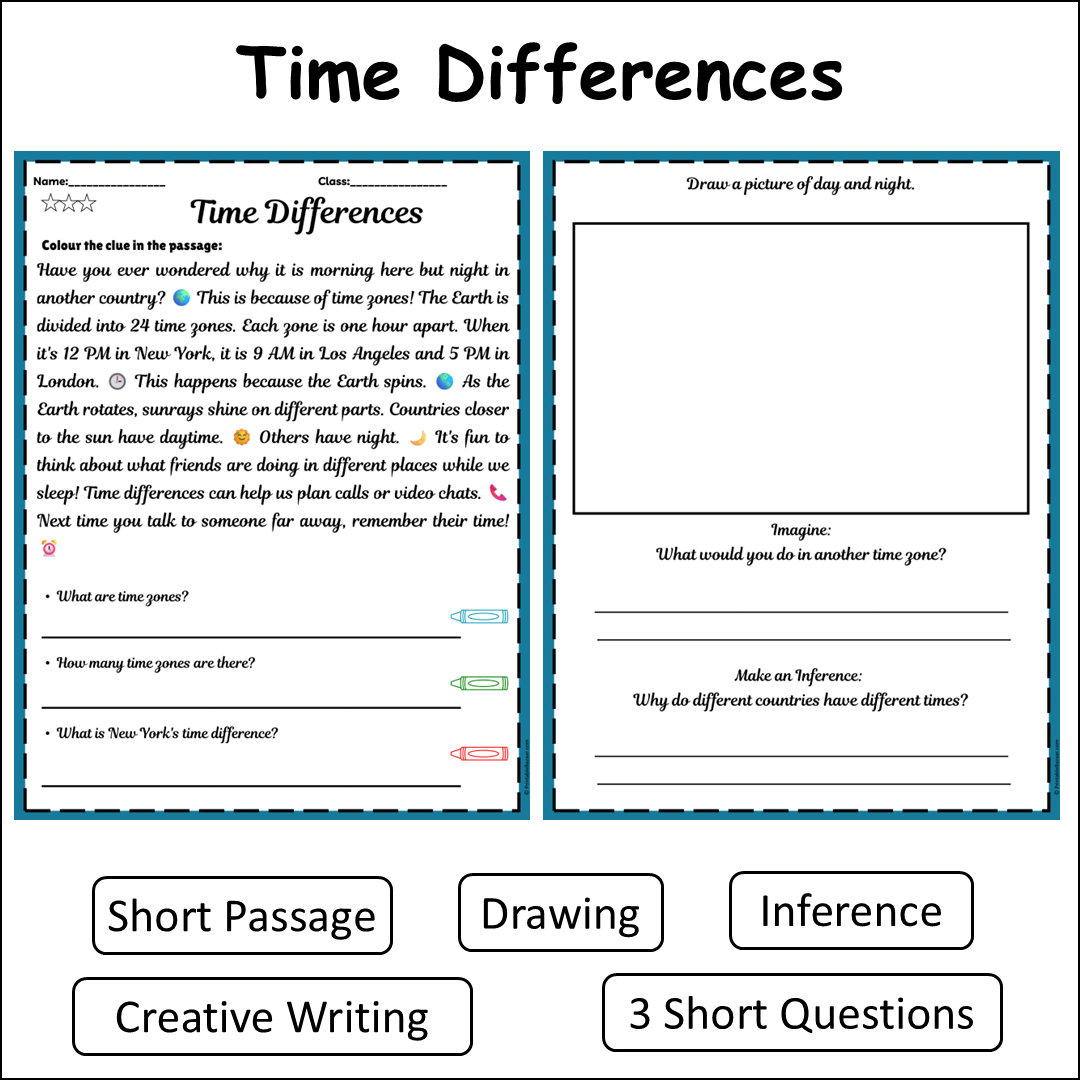 Time Differences | Short Reading Comprehension Creative Worksheet