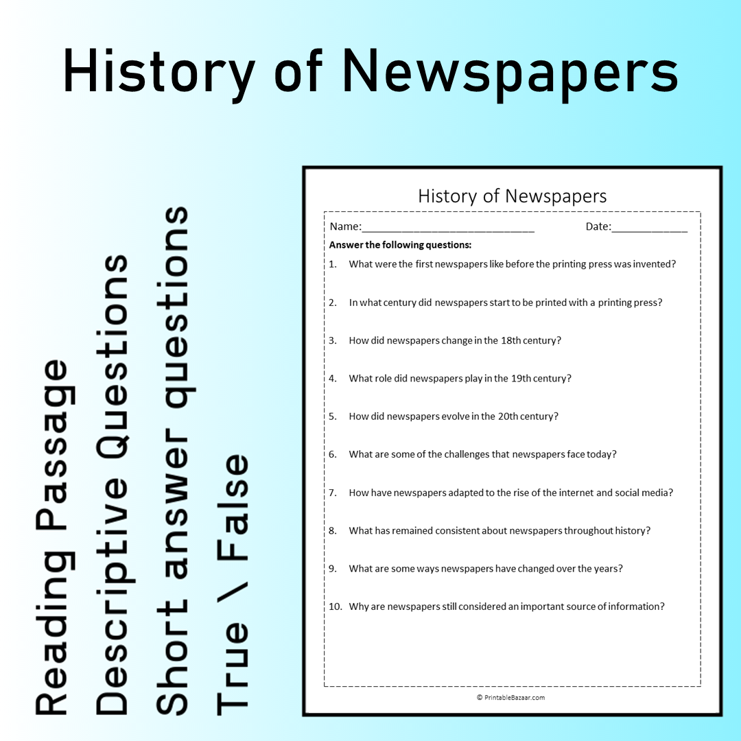 History of Newspapers | Reading Comprehension Passage Printable Worksheet