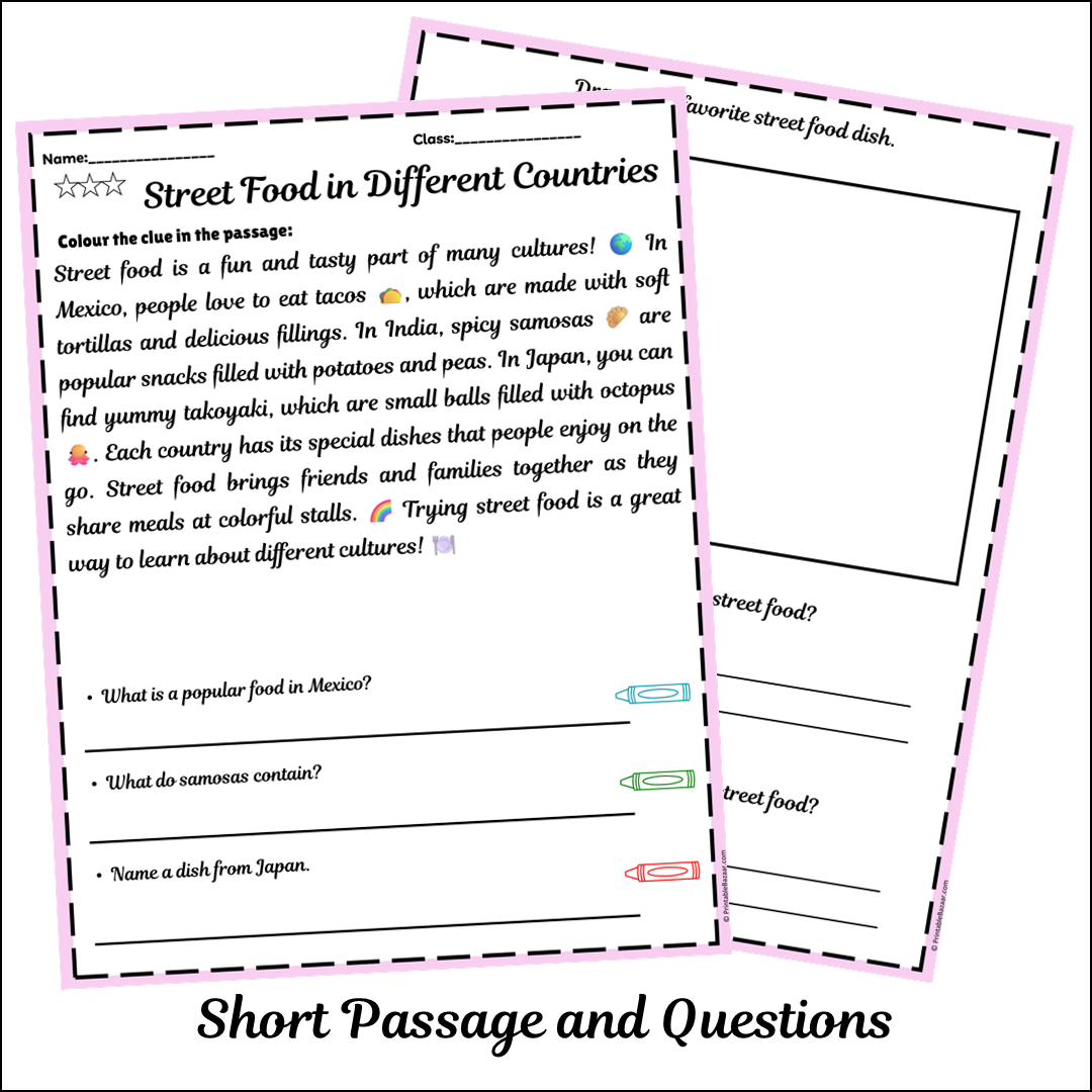 Street Food in Different Countries | Short Reading Comprehension Creative Worksheet