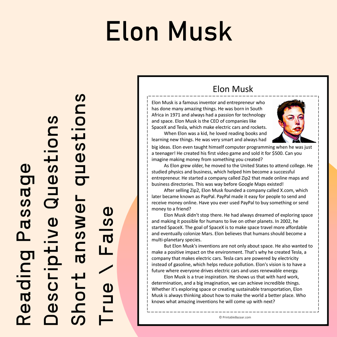 Elon Musk | Reading Comprehension Passage Printable Activity