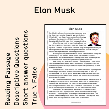 Elon Musk | Reading Comprehension Passage Printable Activity