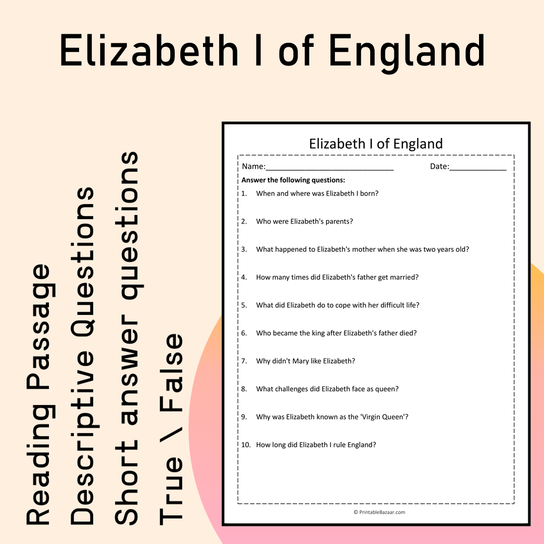 Elizabeth I of England | Reading Comprehension Passage Printable Activity