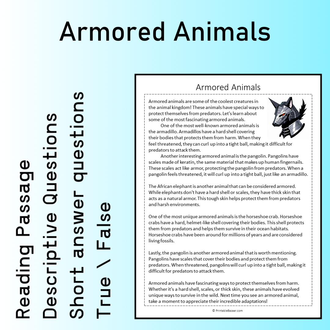 Armored Animals | Reading Comprehension Passage Printable Worksheet