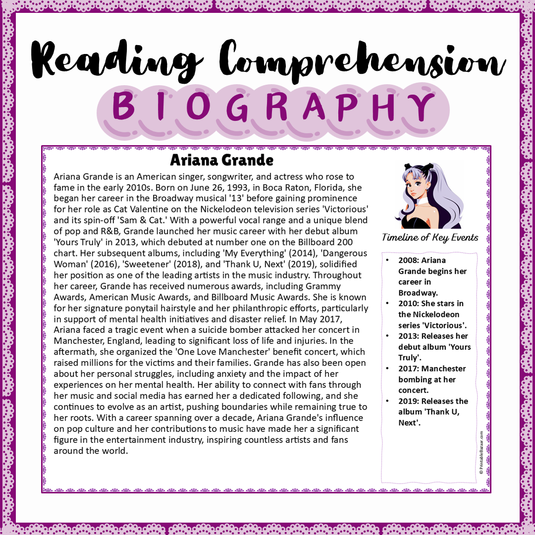 Ariana Grande | Biography Reading Comprehension and Questions Worksheet