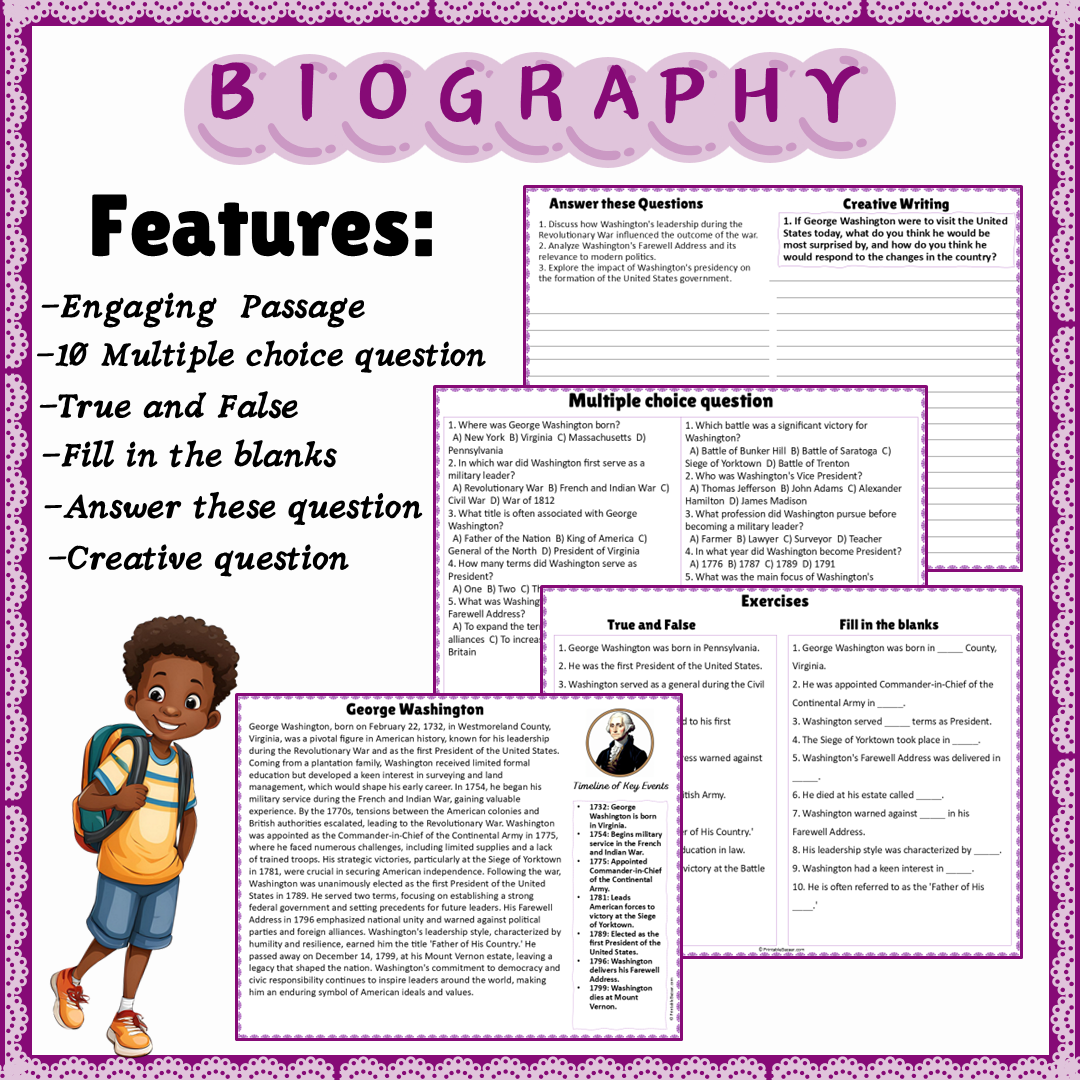 George Washington | Biography Reading Comprehension and Questions Worksheet