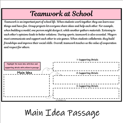 Teamwork at School | Main Idea and Supporting Details Reading Passage and Questions