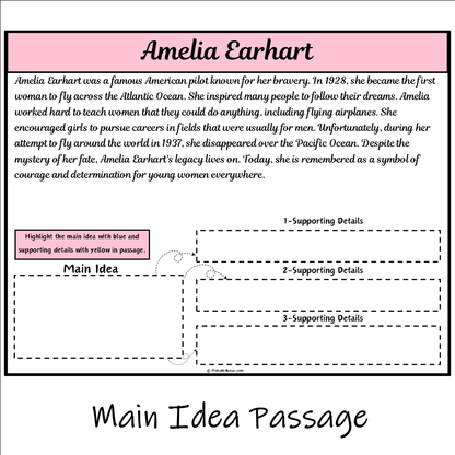 Amelia Earhart | Main Idea and Supporting Details Reading Passage and Questions