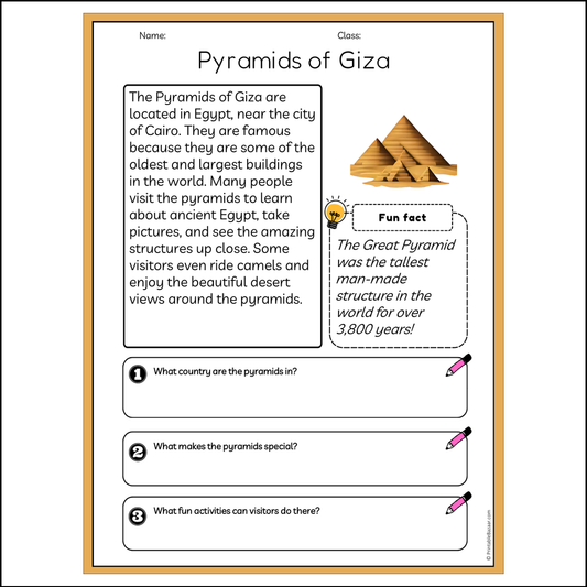 Pyramids of Giza | Reading Passage Comprehension Questions Writing Facts Worksheet