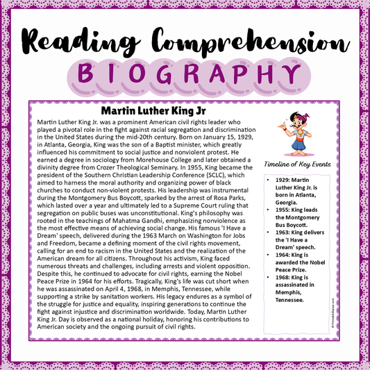 Martin Luther King Jr | Biography Reading Comprehension and Questions Worksheet
