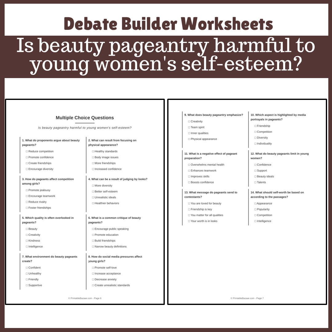 Is beauty pageantry harmful to young women's self-esteem? | Favour and Against Worksheet Printable Activity