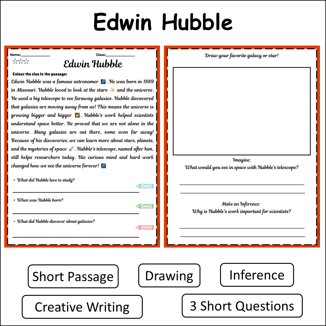Edwin Hubble | Short Reading Comprehension Creative Worksheet
