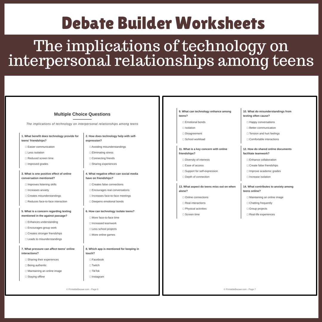 The implications of technology on interpersonal relationships among teens | Favour and Against Worksheet Printable Activity