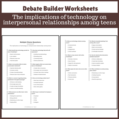 The implications of technology on interpersonal relationships among teens | Favour and Against Worksheet Printable Activity